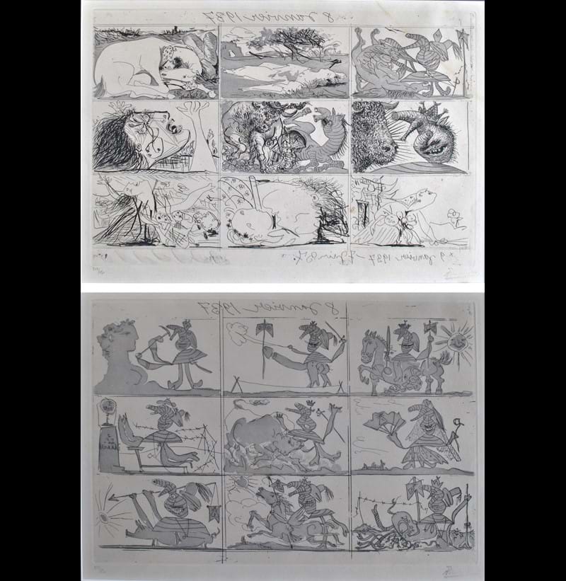 After PABLO PICASSO; a pair of limited edition black and white etchings, 'Sueno Y Mentira de Franco, 1937'.
