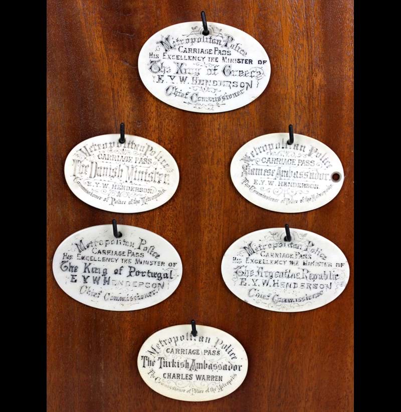 An unusual group of six 19th century ivory carriage pass tokens. 