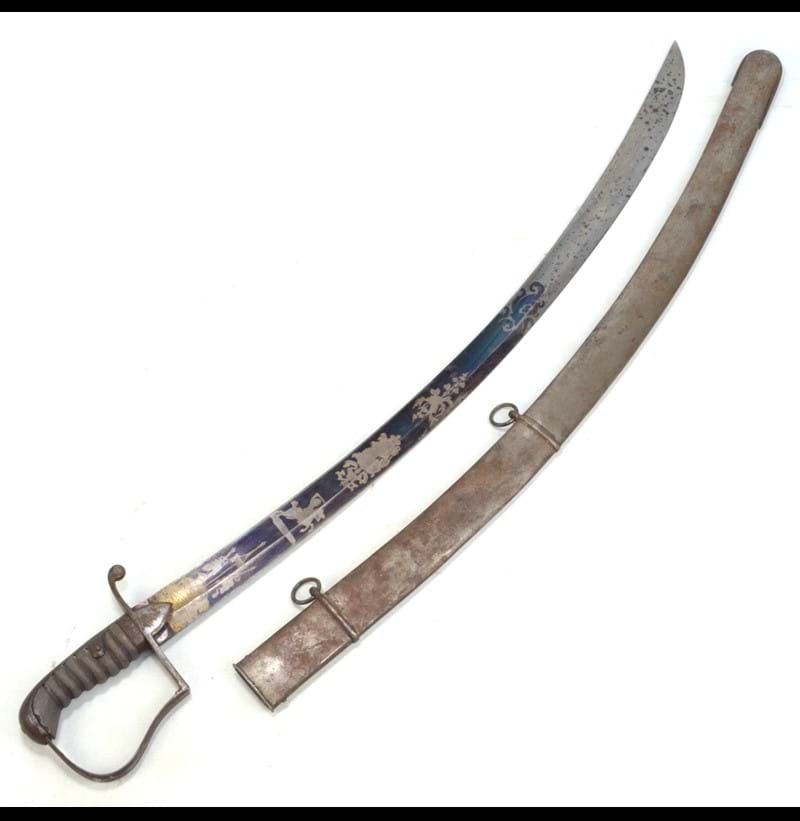 A 1796 pattern British light cavalry officer's dress sabre with partly blued blade and engraved decoration. 